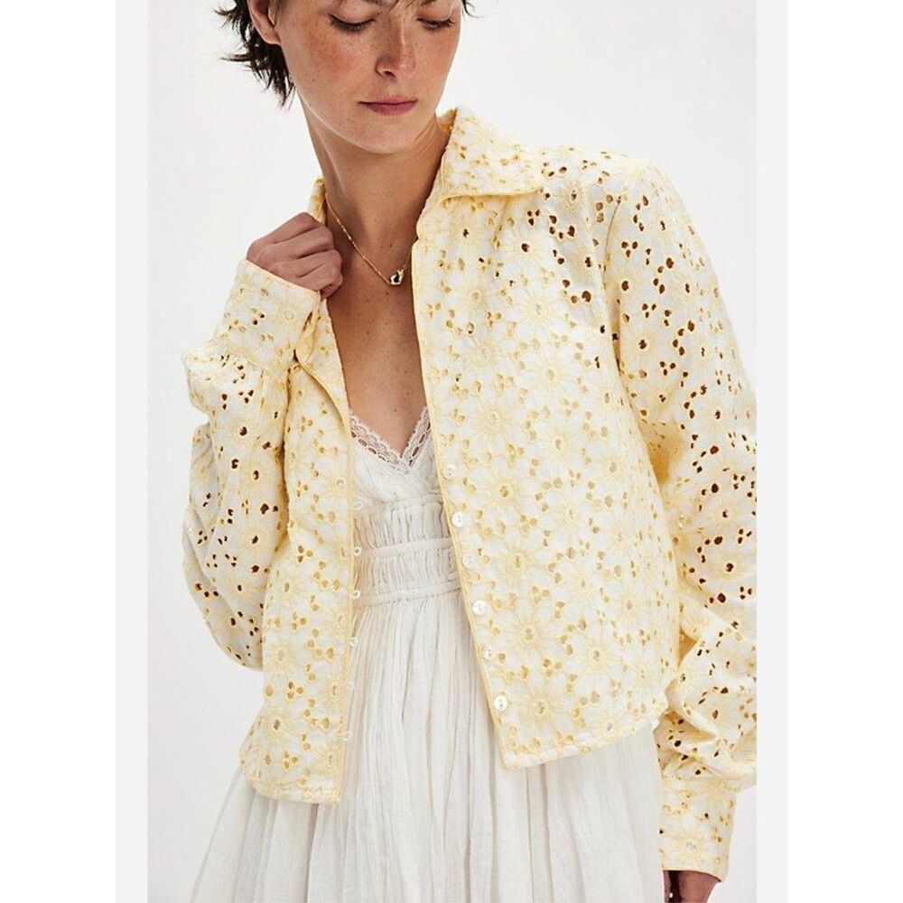Free people Women's long sleeved button up yellow cotton cropped tops Sz S, NWT